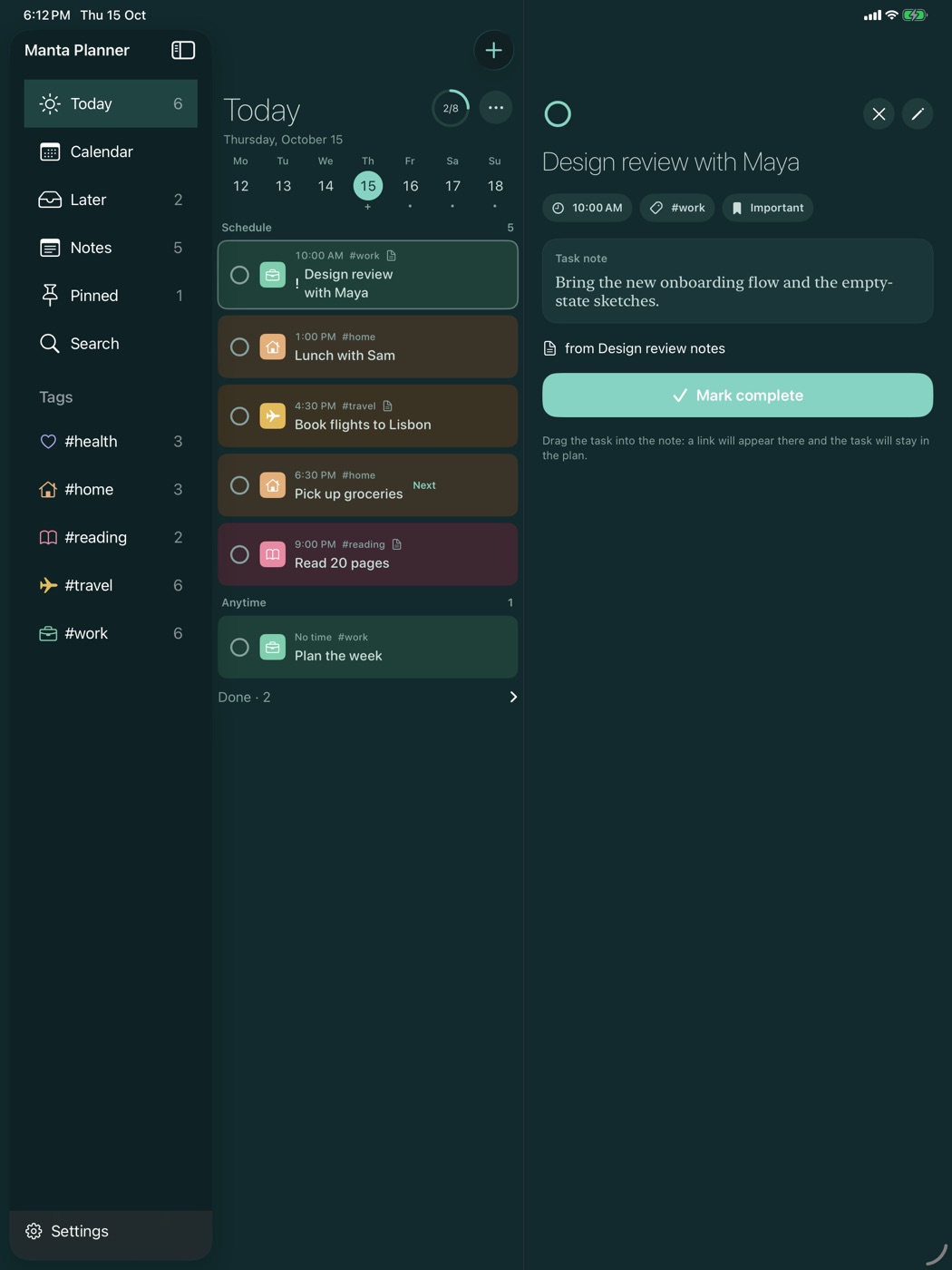 Manta Planner on iPad: today's tasks and a task opened on the right